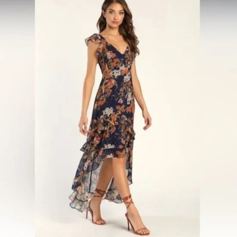 Lulu's navy floral ruffle HI-Low dress flutter sleeve romantic boho chiffon S